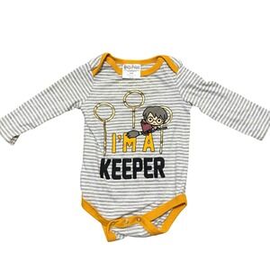 Harry Potter Unisex 6-9M Bodysuit Grey White I'm A Keeper Quidditch Striped